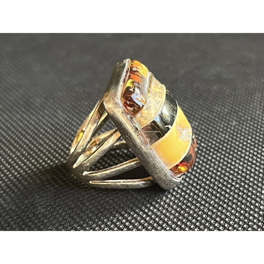 Vintage Artisan Sterling Silver Striped Honey Baltic Amber Split Shank Ring 7.5 - Picture 13 of 15